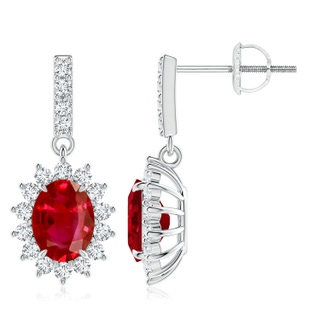 8x6mm AAA Ruby Dangle Earrings with Floral Diamond Halo in P950 Platinum