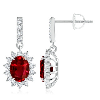 8x6mm AAAA Ruby Dangle Earrings with Floral Diamond Halo in P950 Platinum