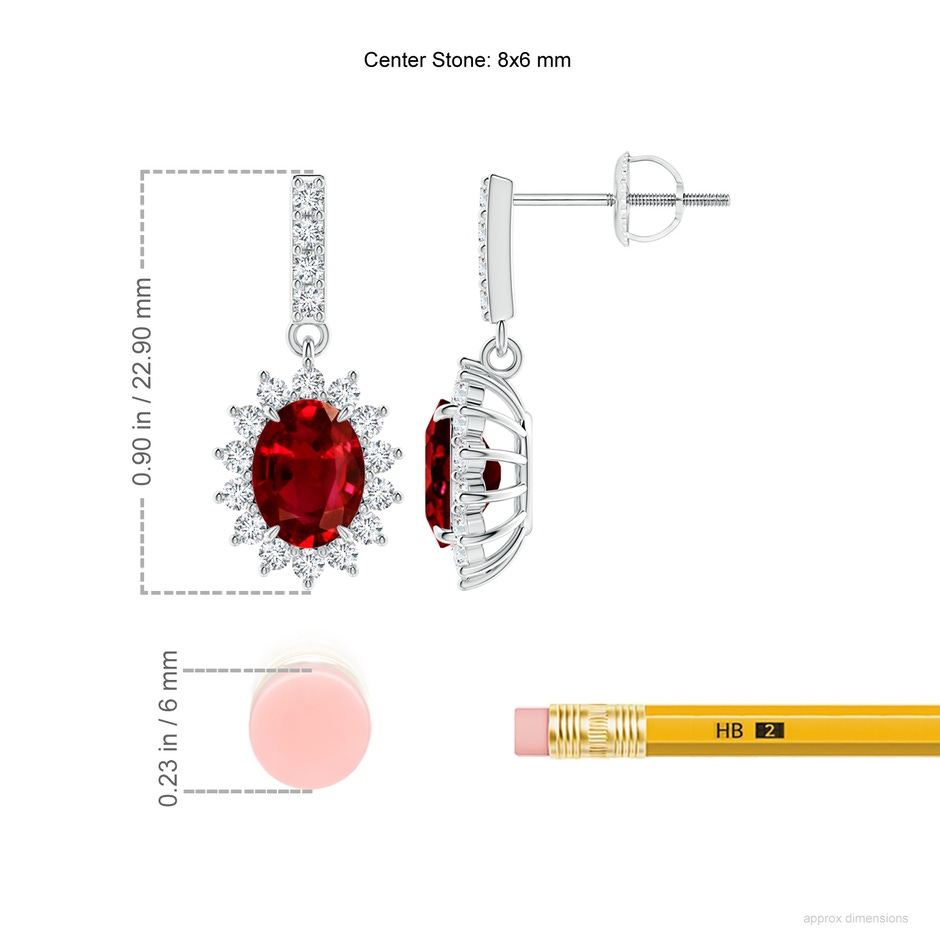 8x6mm AAAA Ruby Dangle Earrings with Floral Diamond Halo in P950 Platinum ruler