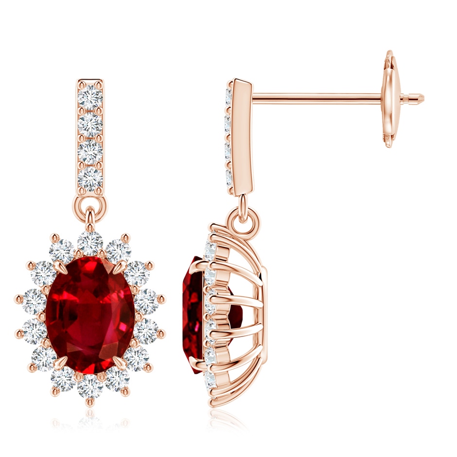 8x6mm AAAA Ruby Dangle Earrings with Floral Diamond Halo in Rose Gold 