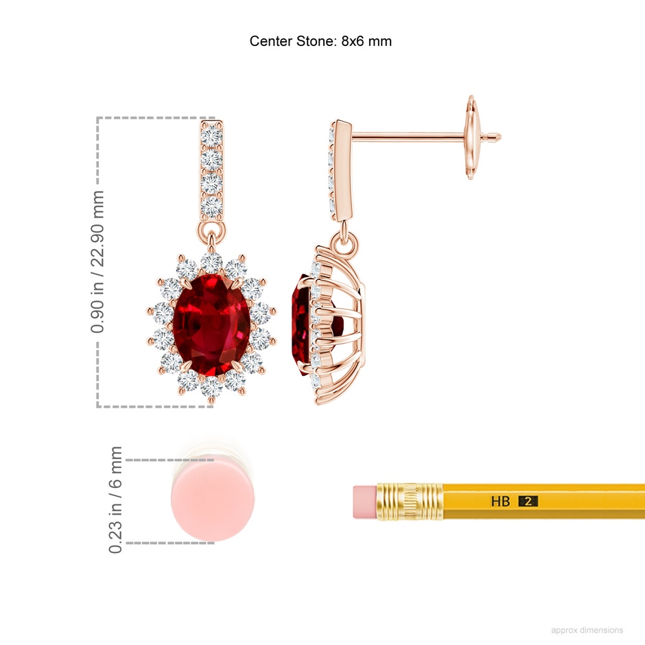 8x6mm AAAA Ruby Dangle Earrings with Floral Diamond Halo in Rose Gold ruler