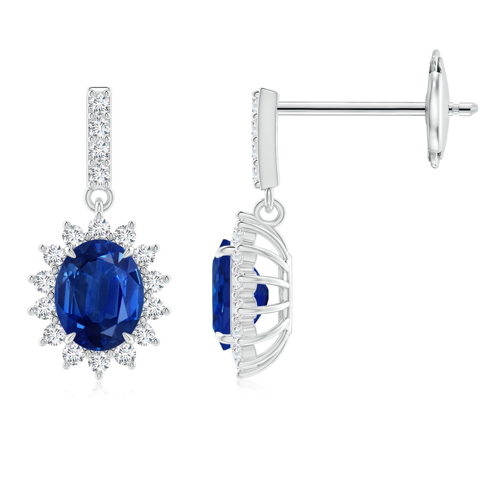 5x4mm AAA Blue Sapphire Dangle Earrings with Floral Diamond Halo in 10K White Gold