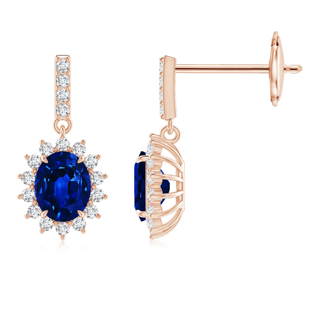 5x4mm AAAA Blue Sapphire Dangle Earrings with Floral Diamond Halo in Rose Gold