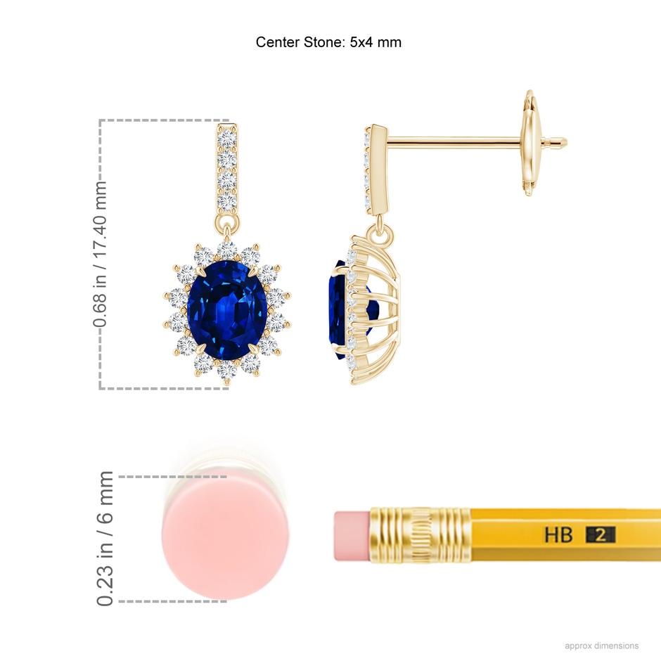 5x4mm AAAA Blue Sapphire Dangle Earrings with Floral Diamond Halo in Yellow Gold ruler