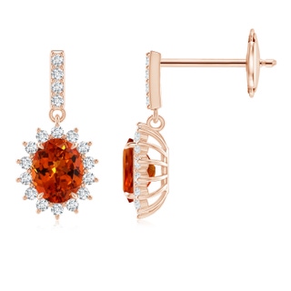 5x4mm AAAA Spessartite Dangle Earrings with Floral Diamond Halo in Rose Gold