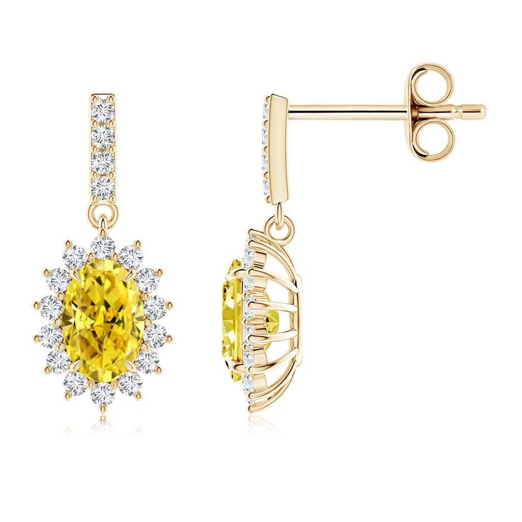 6x4mm AAAA Fancy Intense Yellow Diamond Dangle Earrings with Floral Halo in Yellow Gold