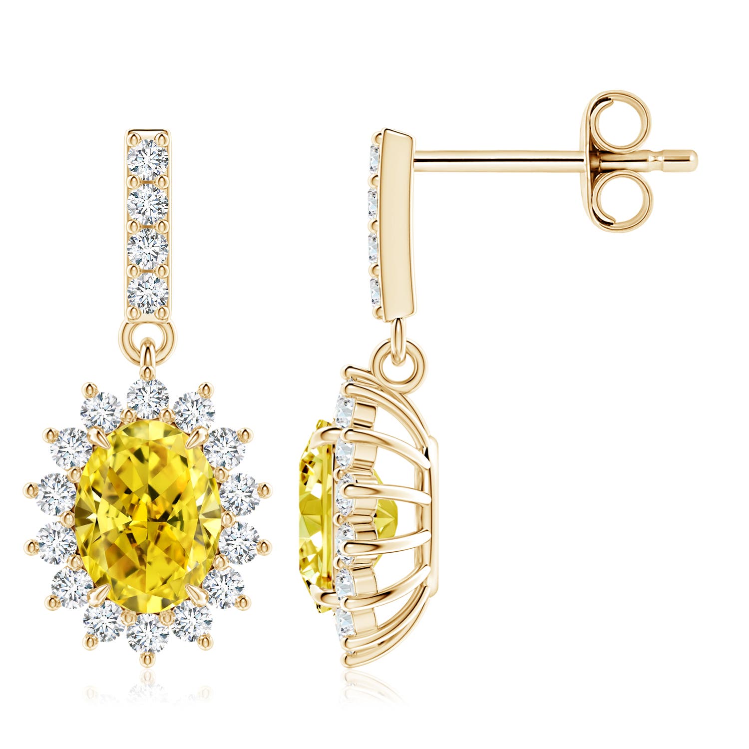 Angara 2.95 CTW Fancy Intense Yellow Diamond Dangle Earrings with Floral Halo in 18K Yellow Gold