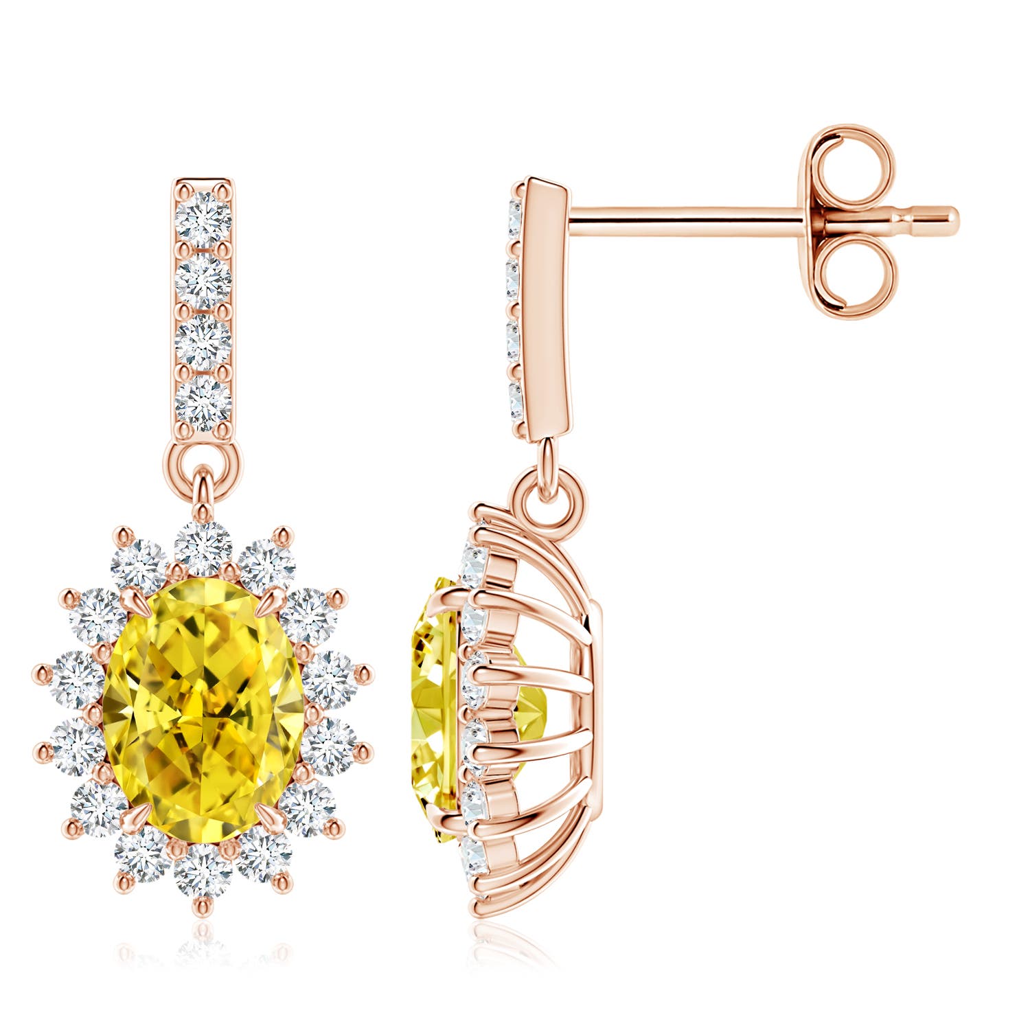 Angara 2.95 CTW Fancy Intense Yellow Diamond Dangle Earrings with Floral Halo in 14K Rose Gold