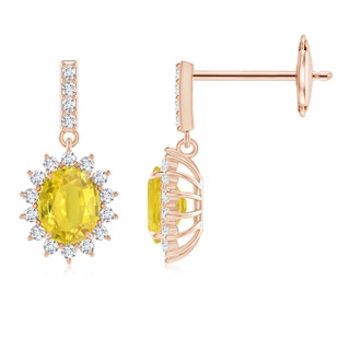 5x4mm AA Yellow Sapphire Dangle Earrings with Floral Diamond Halo in Rose Gold