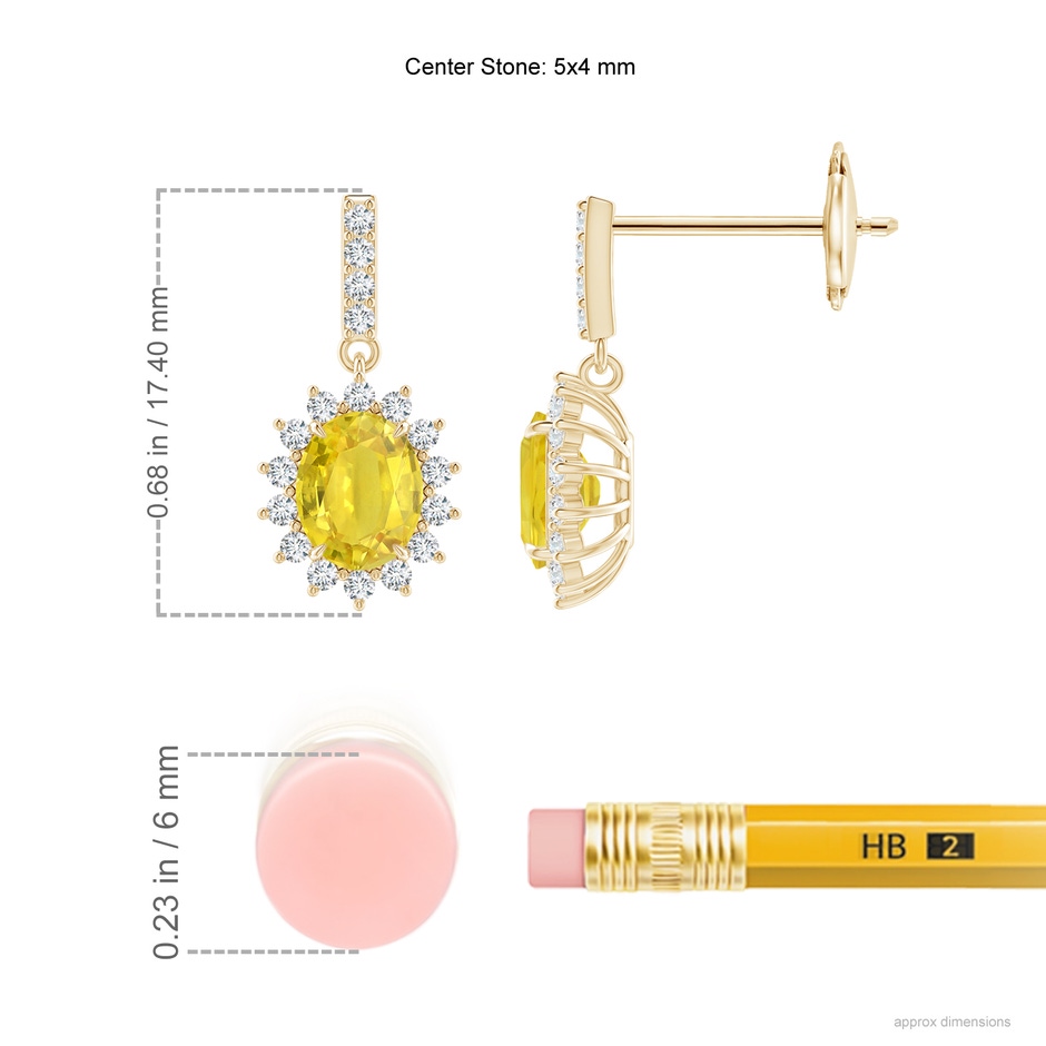 5x4mm AA Yellow Sapphire Dangle Earrings with Floral Diamond Halo in Yellow Gold ruler