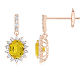 5x4mm AAA Yellow Sapphire Dangle Earrings with Floral Diamond Halo in 9K Rose Gold