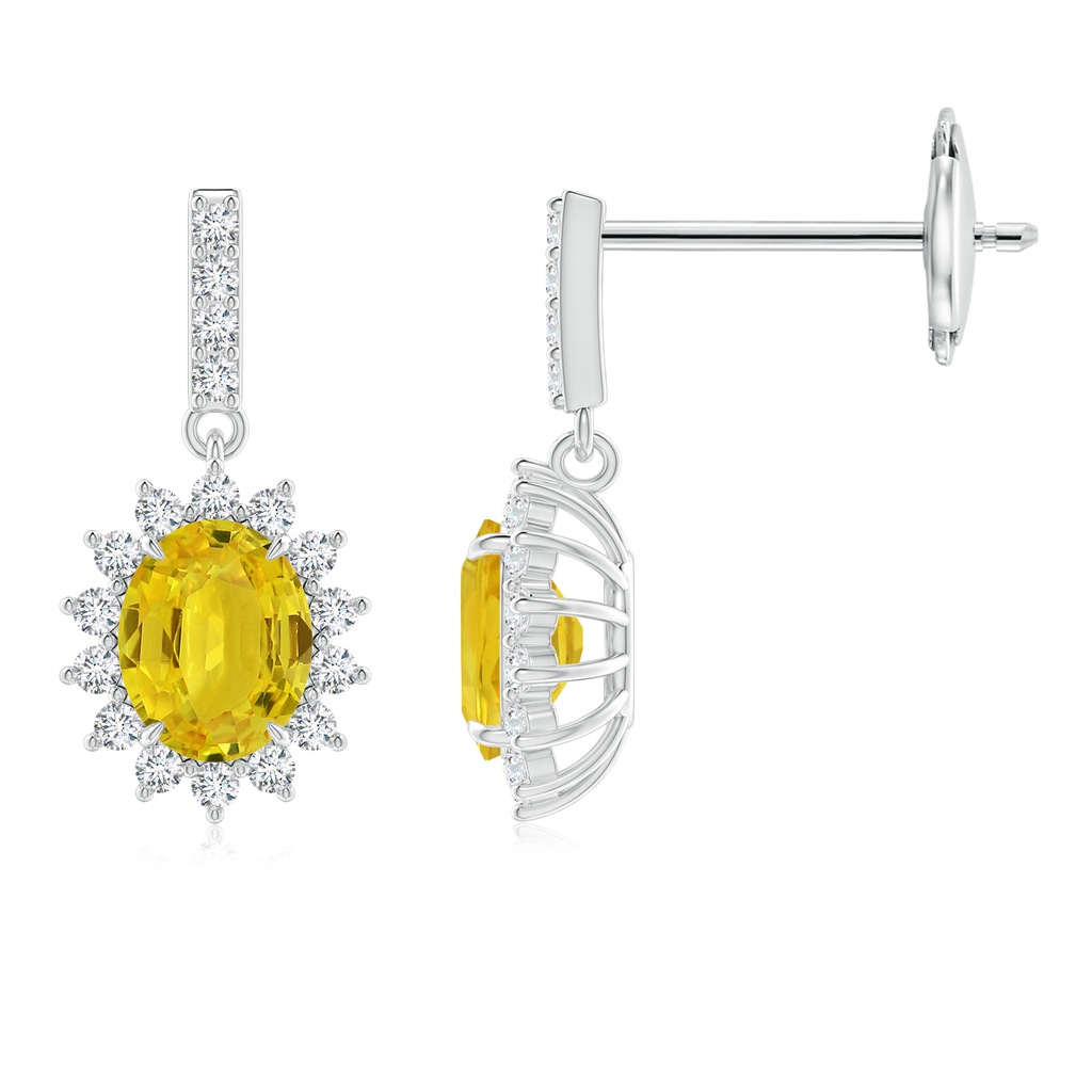 5x4mm AAA Yellow Sapphire Dangle Earrings with Floral Diamond Halo in White Gold