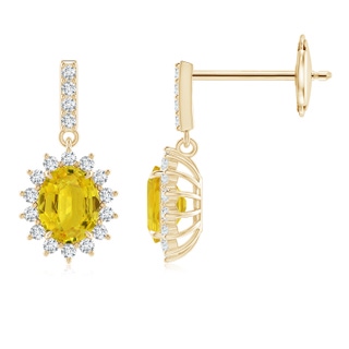 5x4mm AAA Yellow Sapphire Dangle Earrings with Floral Diamond Halo in Yellow Gold