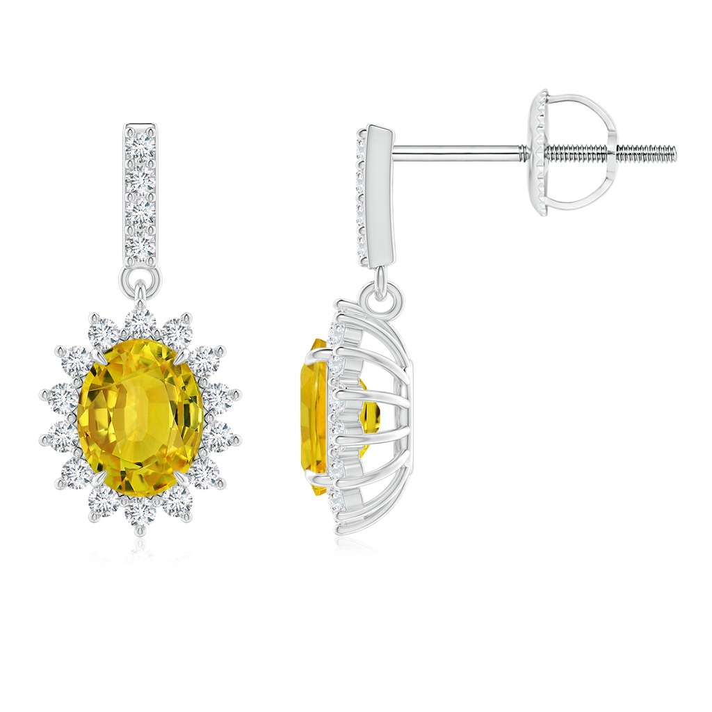 5x4mm AAAA Yellow Sapphire Dangle Earrings with Floral Diamond Halo in P950 Platinum