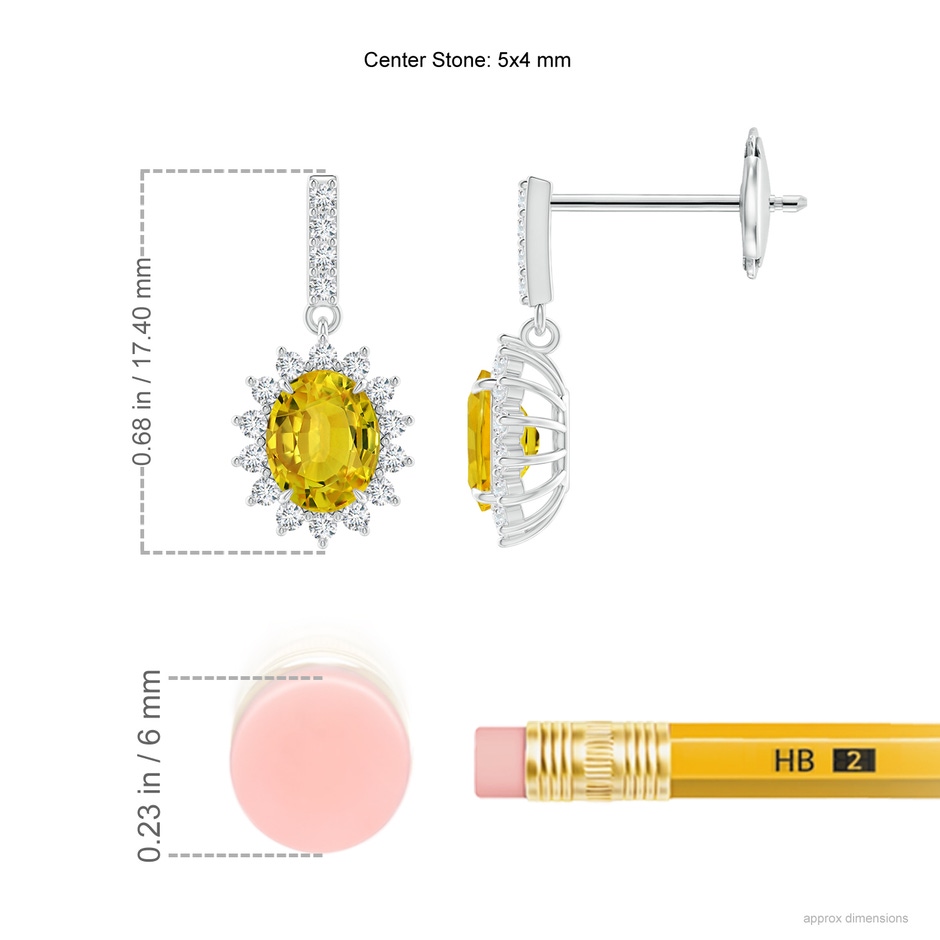 5x4mm AAAA Yellow Sapphire Dangle Earrings with Floral Diamond Halo in White Gold ruler