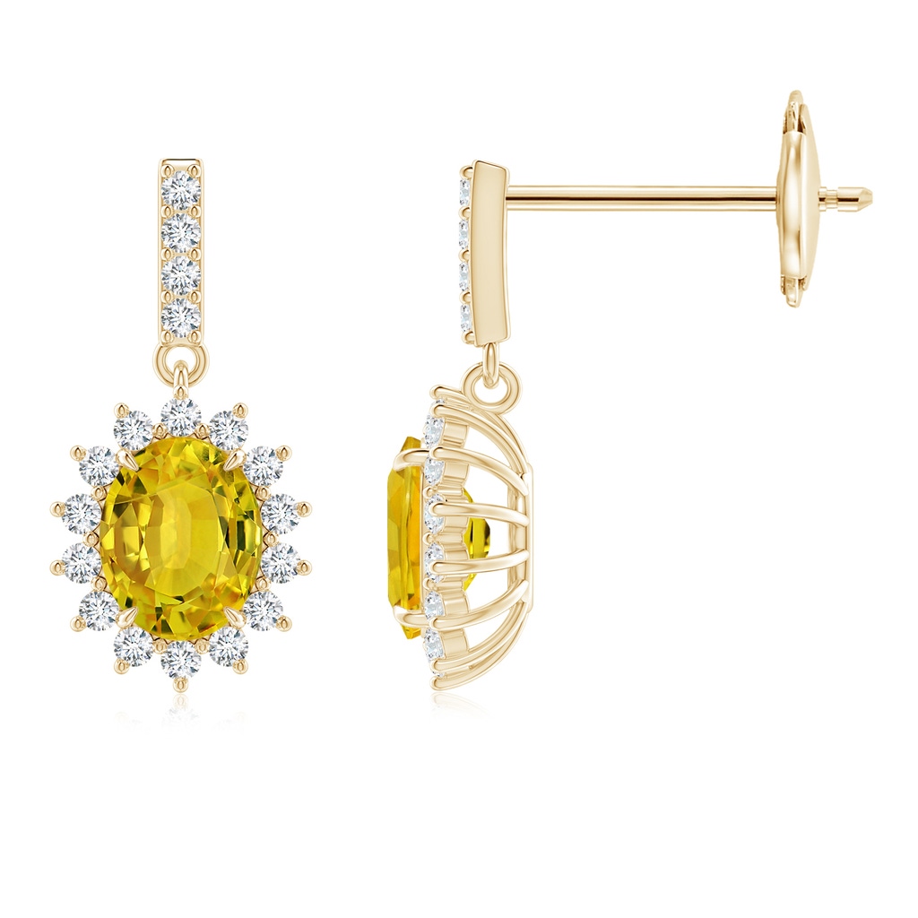 5x4mm AAAA Yellow Sapphire Dangle Earrings with Floral Diamond Halo in Yellow Gold