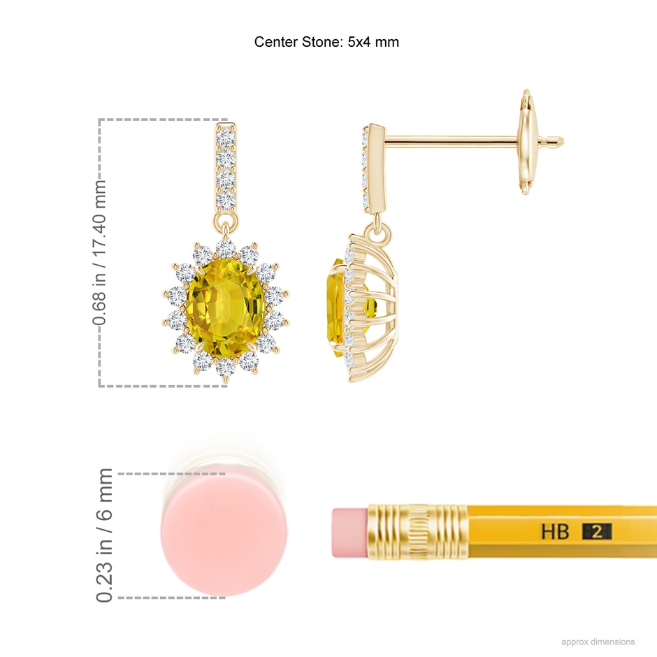 5x4mm AAAA Yellow Sapphire Dangle Earrings with Floral Diamond Halo in Yellow Gold ruler