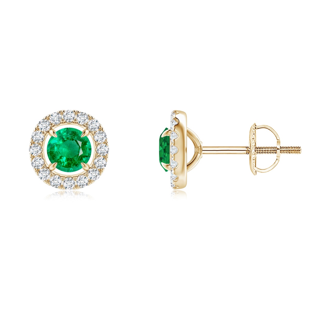 4mm AAA Vintage Style Emerald and Diamond Halo Stud Earrings in Yellow Gold