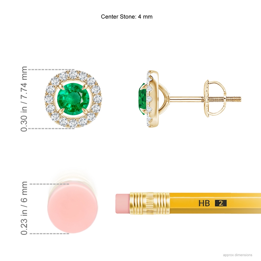 4mm AAA Vintage Style Emerald and Diamond Halo Stud Earrings in Yellow Gold Ruler