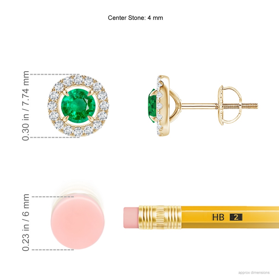 4mm AAA Vintage Style Emerald and Diamond Halo Stud Earrings in Yellow Gold ruler