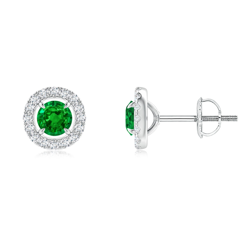 4mm AAAA Vintage Style Emerald and Diamond Halo Stud Earrings in White Gold