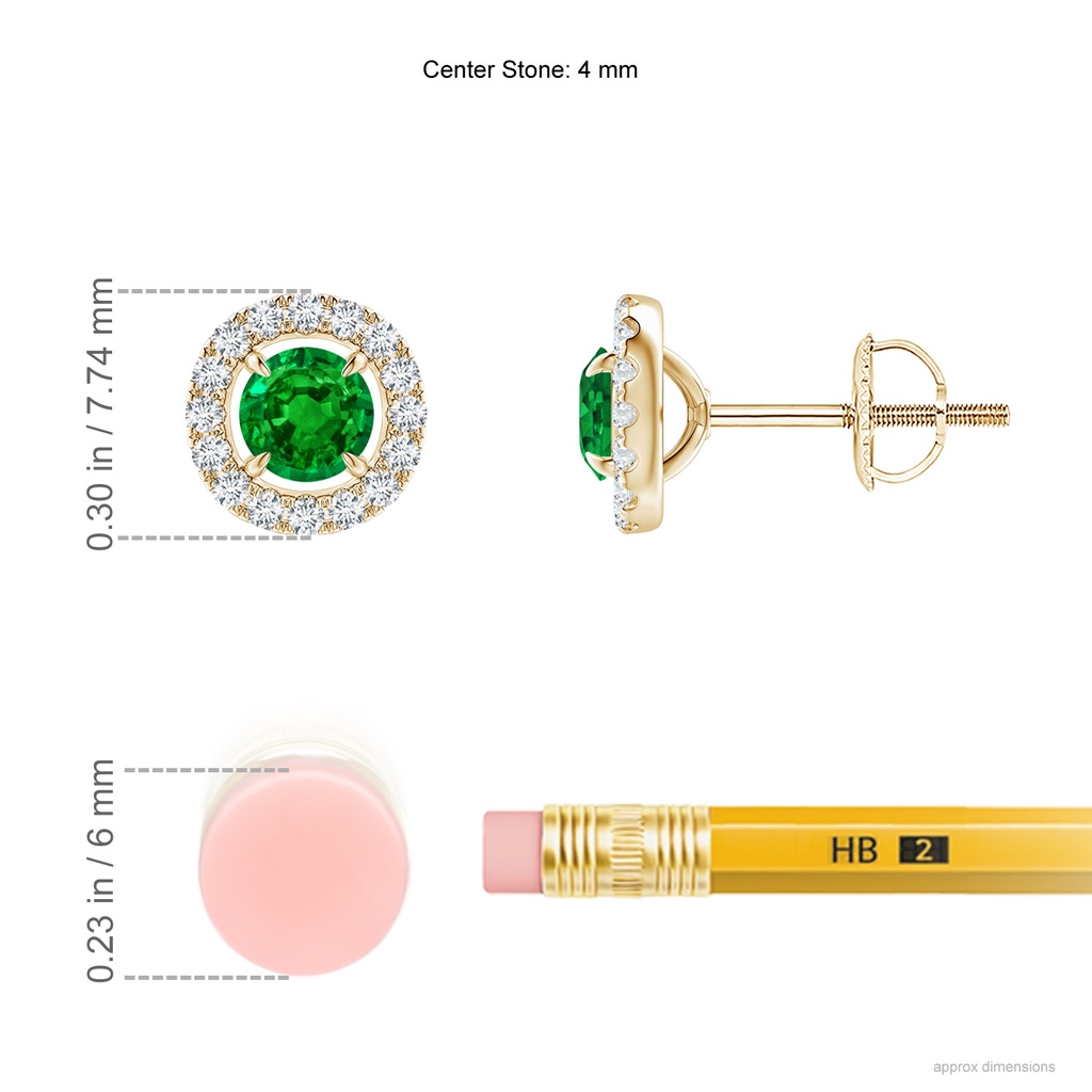 4mm AAAA Vintage Style Emerald and Diamond Halo Stud Earrings in Yellow Gold Ruler