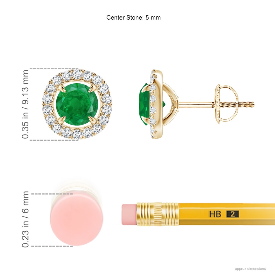 5mm AA Vintage Style Emerald and Diamond Halo Stud Earrings in Yellow Gold ruler