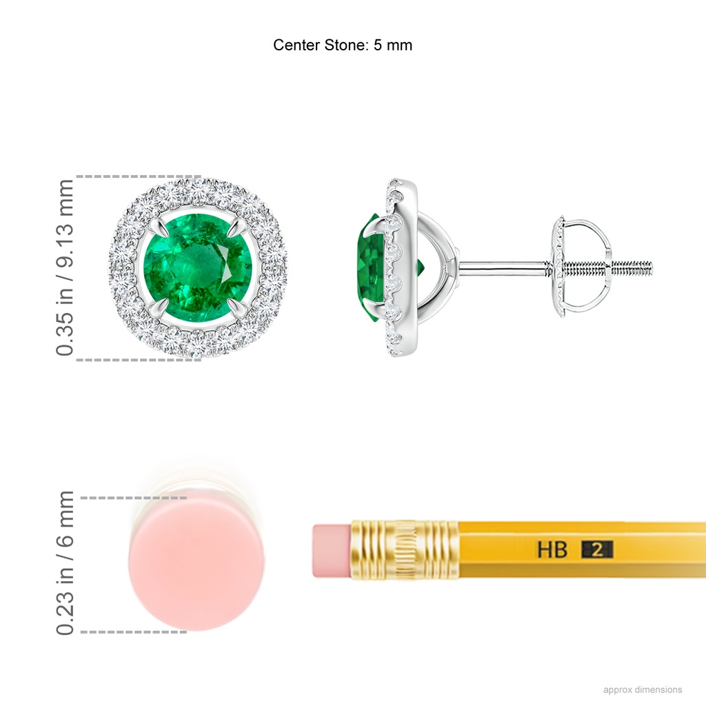 5mm AAA Vintage Style Emerald and Diamond Halo Stud Earrings in P950 Platinum Ruler