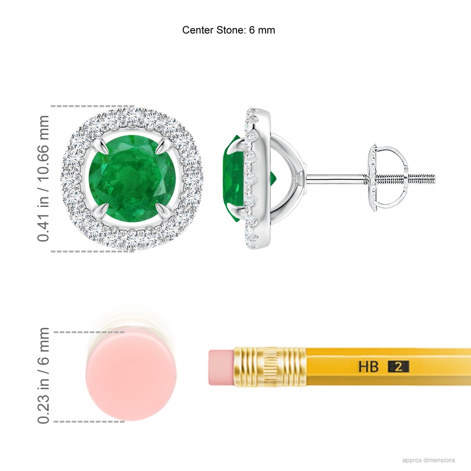 6mm AA Vintage Style Emerald and Diamond Halo Stud Earrings in 18K White Gold ruler
