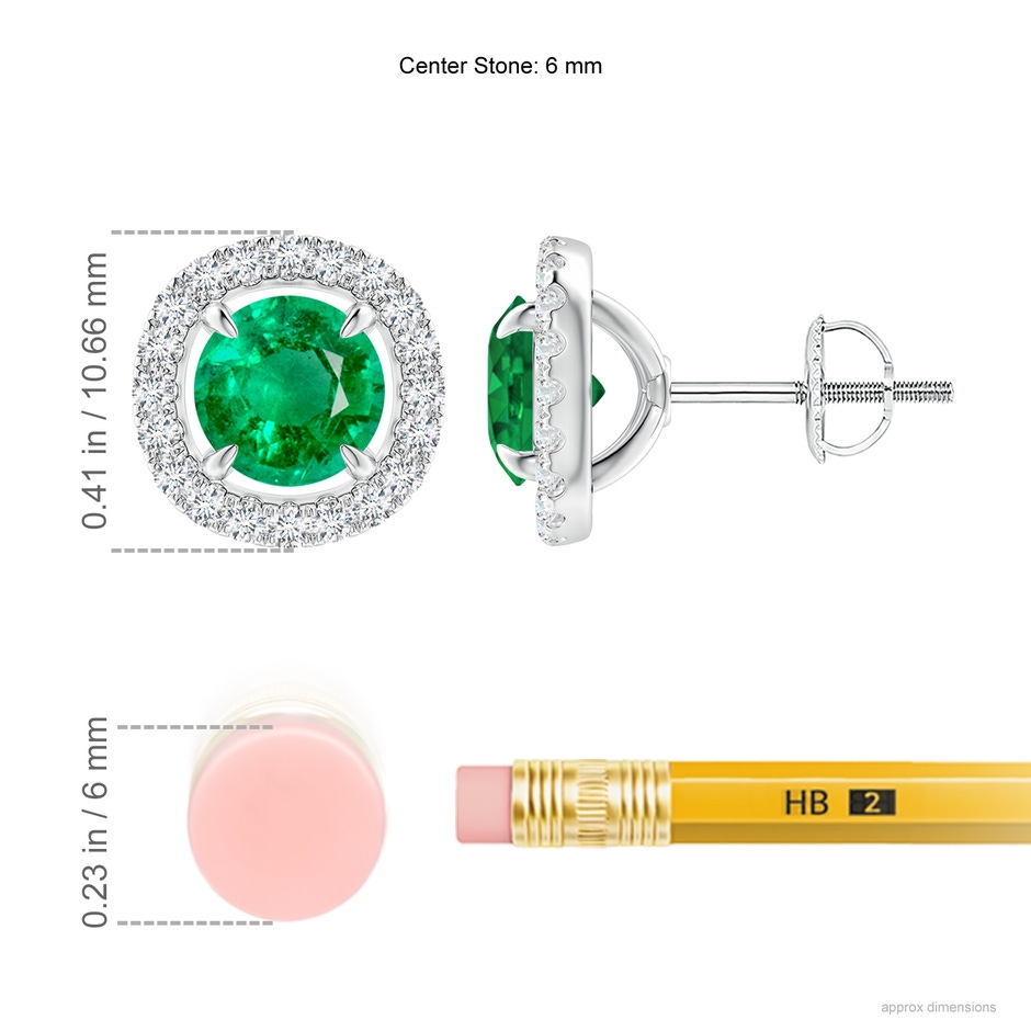 6mm AAA Vintage Style Emerald and Diamond Halo Stud Earrings in P950 Platinum ruler