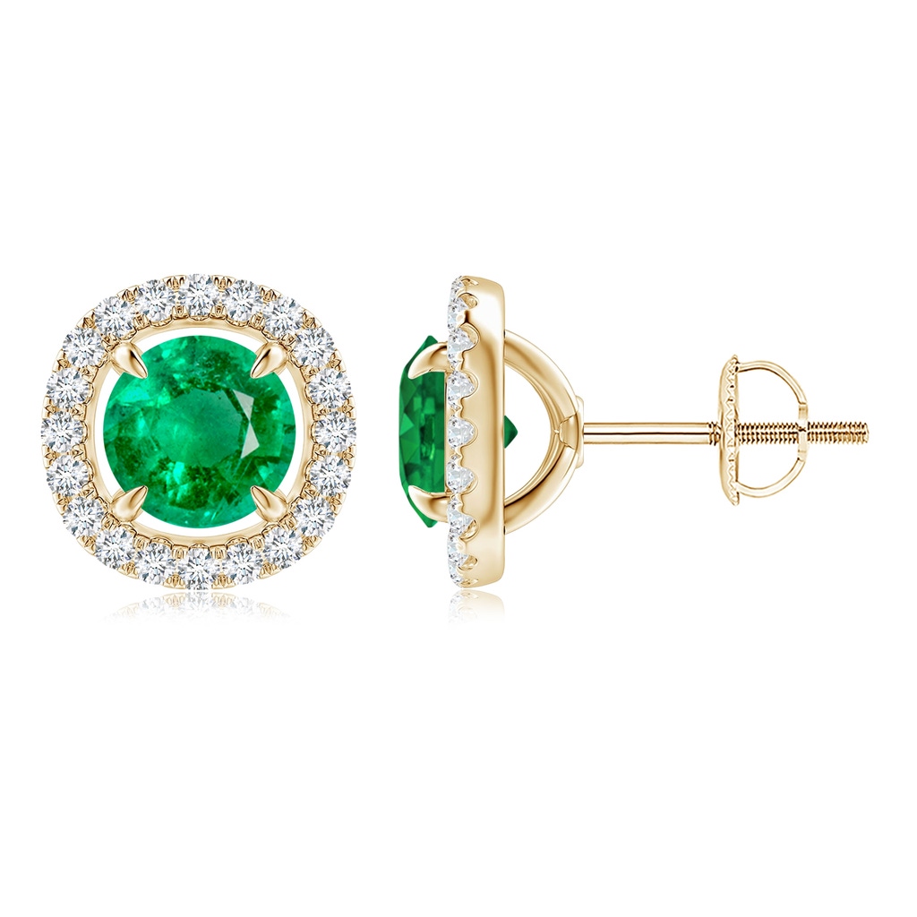6mm AAA Vintage Style Emerald and Diamond Halo Stud Earrings in Yellow Gold