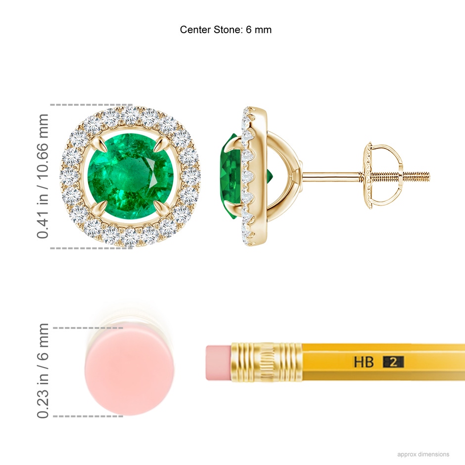 6mm AAA Vintage Style Emerald and Diamond Halo Stud Earrings in Yellow Gold ruler