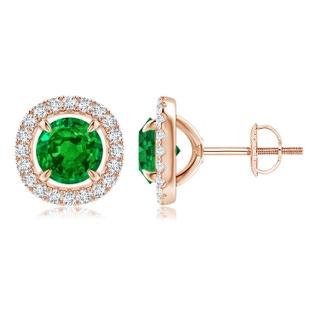 6mm AAAA Vintage Style Emerald and Diamond Halo Stud Earrings in 10K Rose Gold