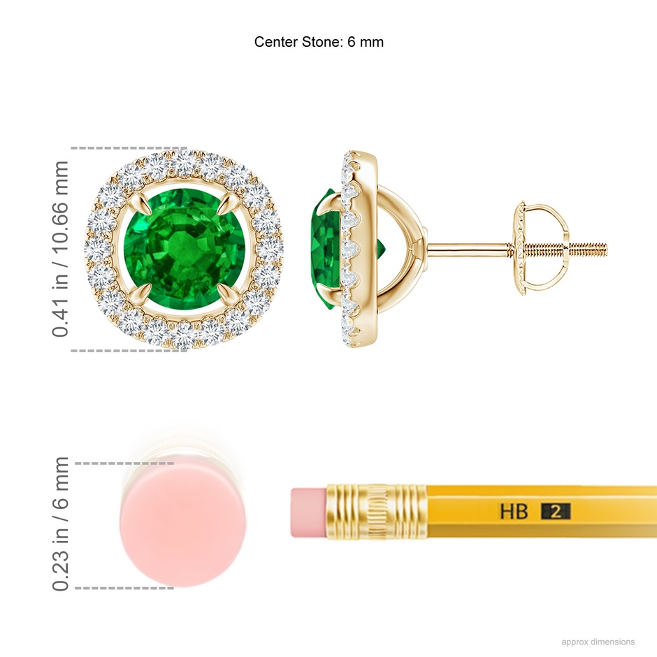 6mm AAAA Vintage Style Emerald and Diamond Halo Stud Earrings in Yellow Gold ruler