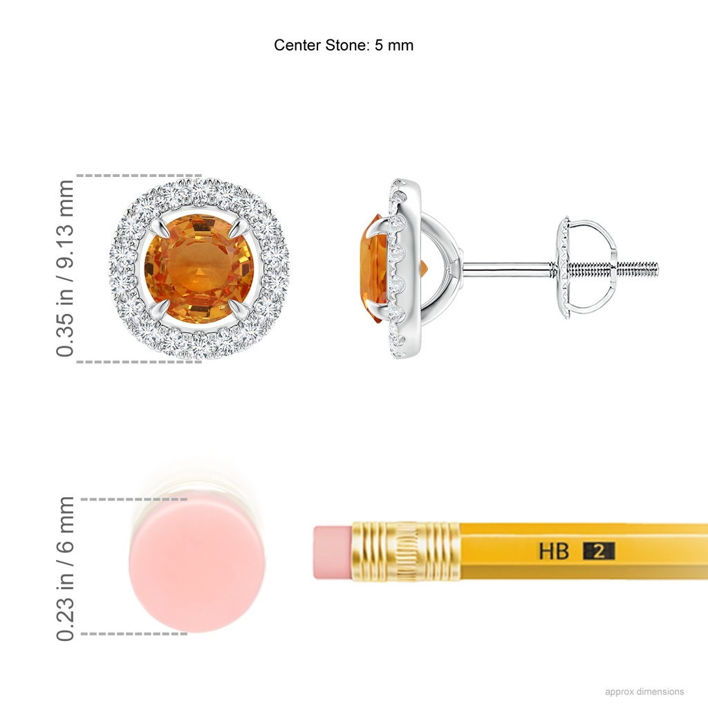 5mm AAA Vintage Style Orange Sapphire and Diamond Halo Stud Earrings in White Gold Ruler