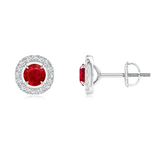 4mm AAA Vintage Style Ruby and Diamond Halo Stud Earrings in White Gold
