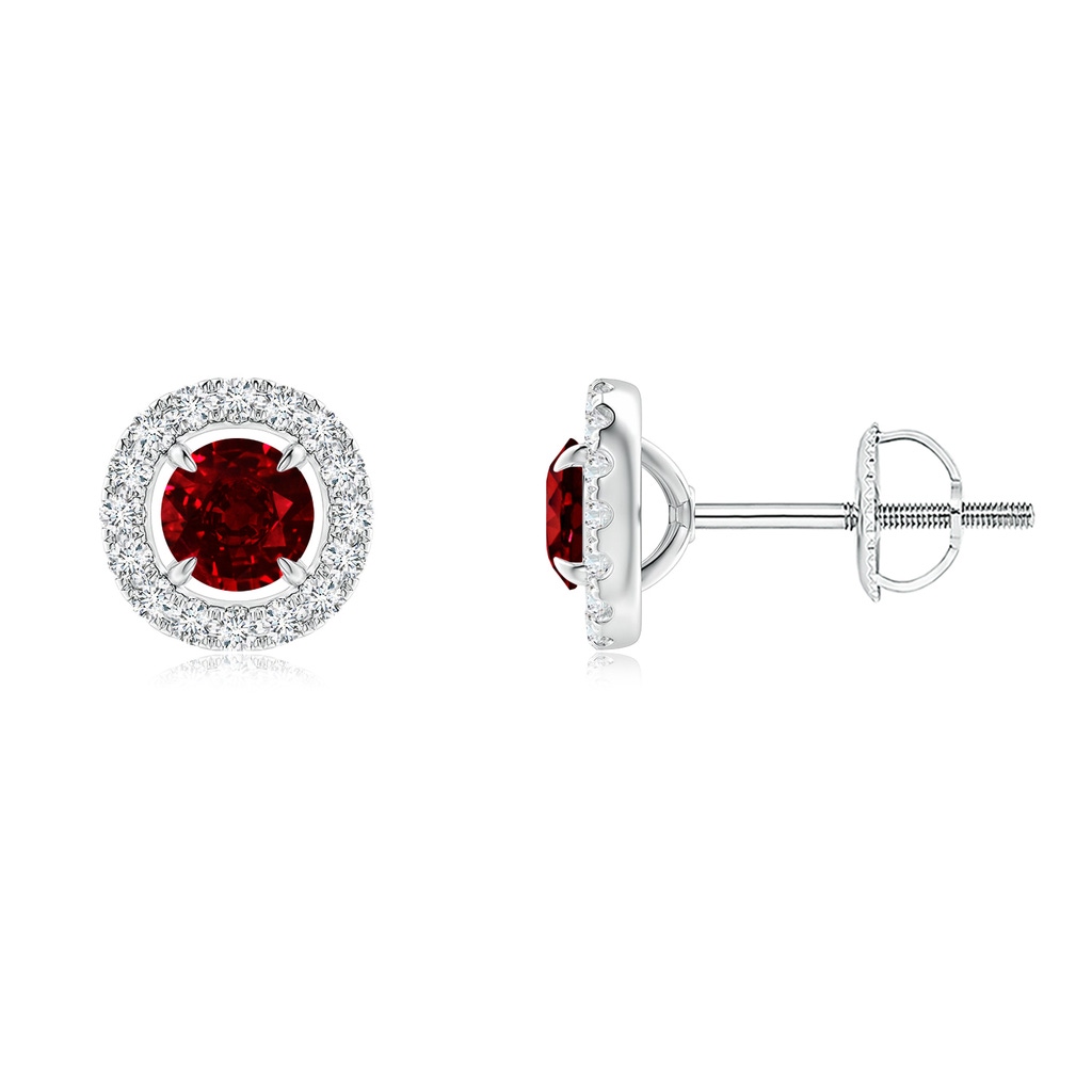 4mm AAAA Vintage Style Ruby and Diamond Halo Stud Earrings in White Gold