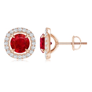 6mm AAA Vintage Style Ruby and Diamond Halo Stud Earrings in Rose Gold