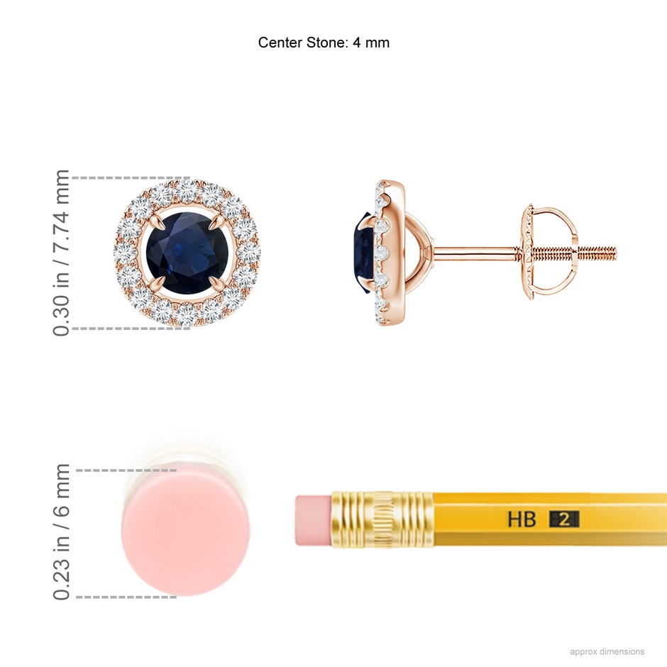 4mm A Vintage Style Sapphire and Diamond Halo Stud Earrings in Rose Gold ruler
