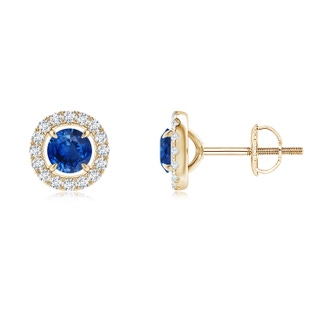 4mm AAA Vintage Style Sapphire and Diamond Halo Stud Earrings in Yellow Gold