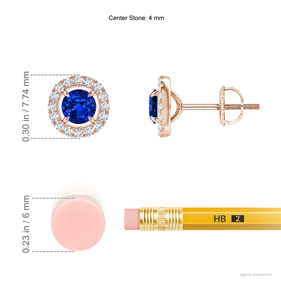 4mm AAAA Vintage Style Sapphire and Diamond Halo Stud Earrings in Rose Gold ruler