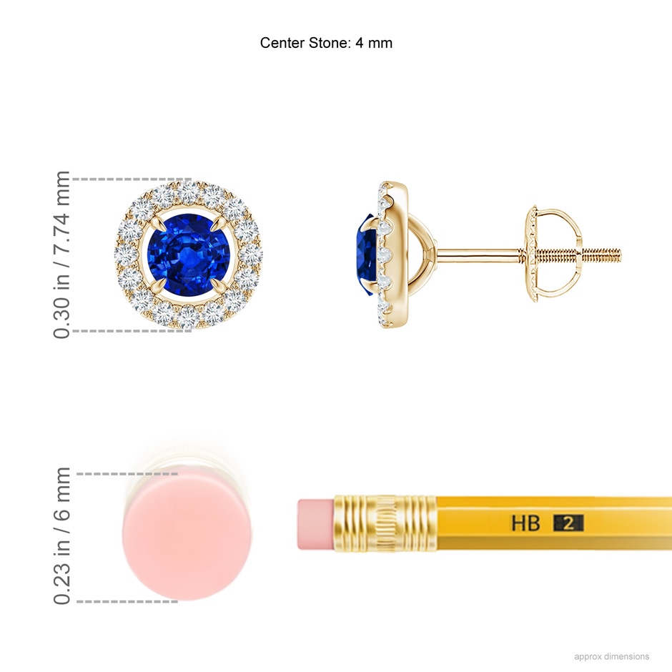 4mm AAAA Vintage Style Sapphire and Diamond Halo Stud Earrings in Yellow Gold ruler