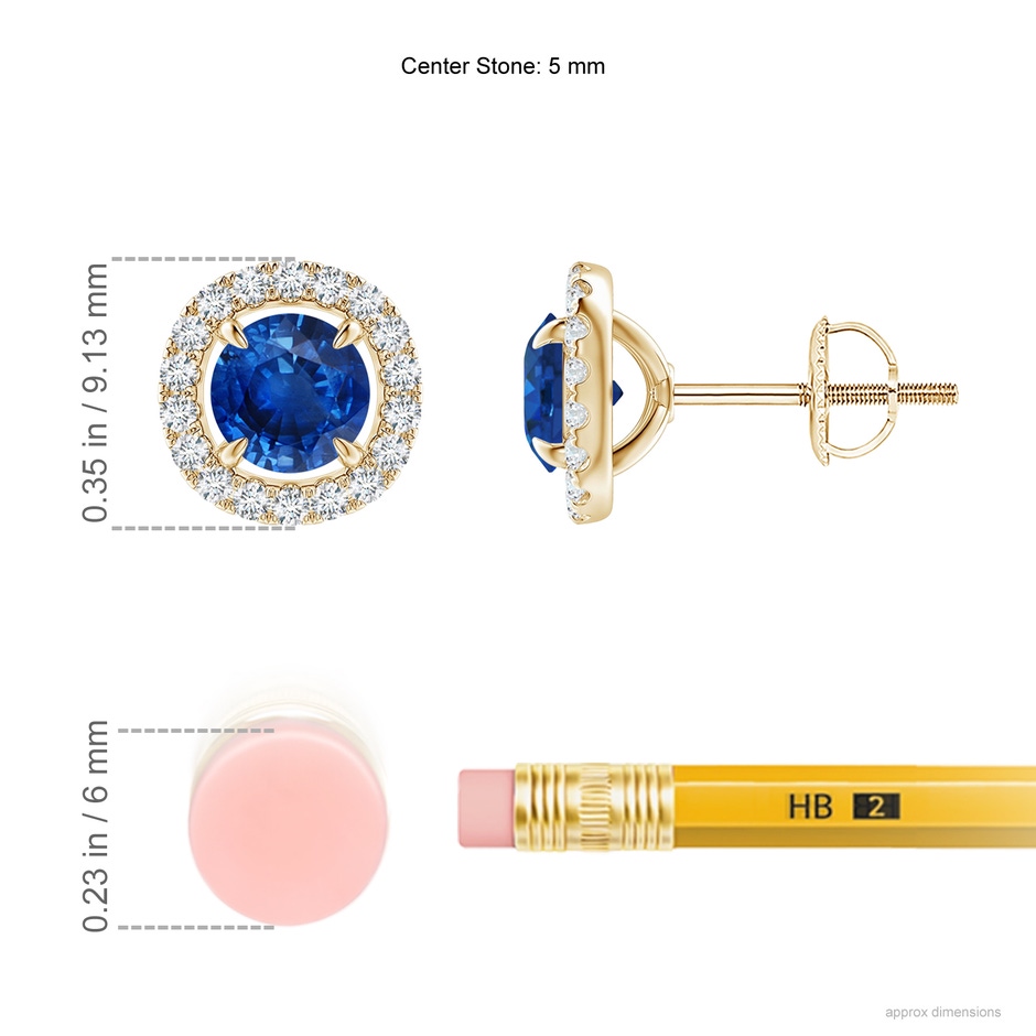 5mm AAA Vintage Style Sapphire and Diamond Halo Stud Earrings in Yellow Gold ruler
