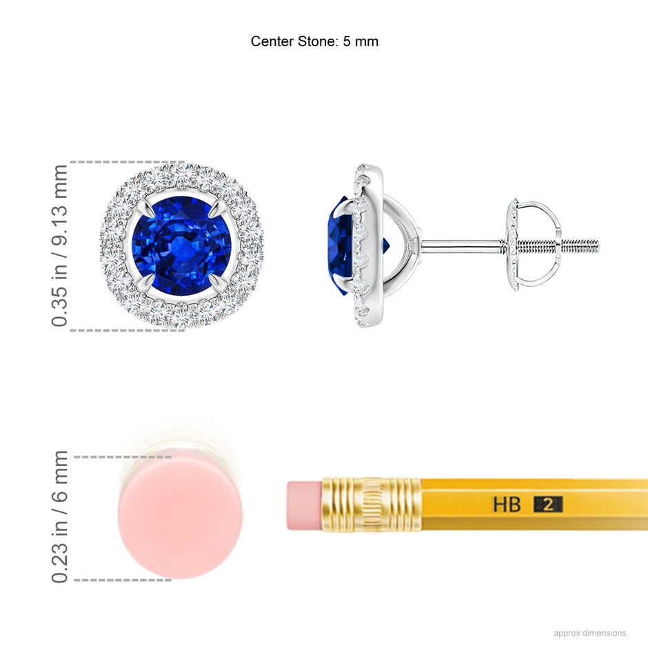 5mm Lab-Grown Vintage Style Sapphire and Diamond Halo Stud Earrings in White Gold ruler