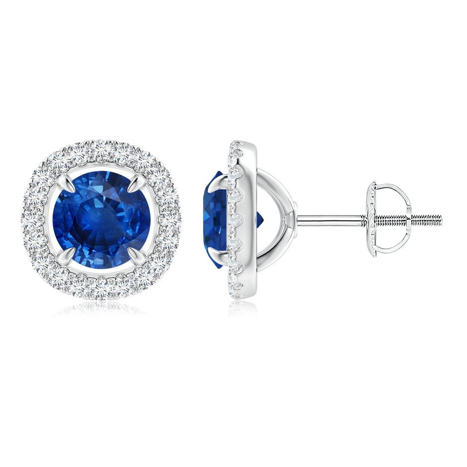 6mm AAA Vintage Style Sapphire and Diamond Halo Stud Earrings in White Gold 