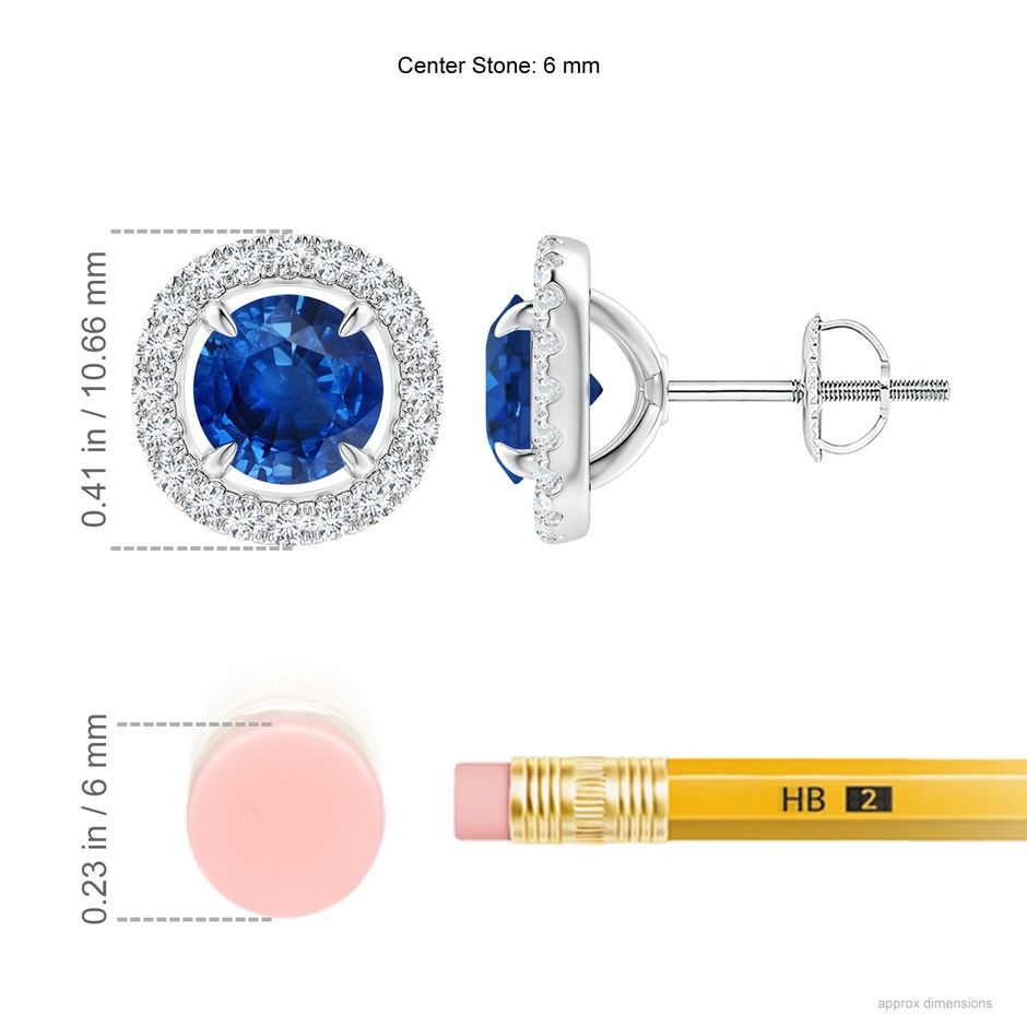 6mm AAA Vintage Style Sapphire and Diamond Halo Stud Earrings in White Gold ruler