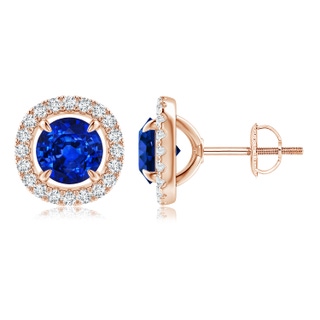 6mm AAAA Vintage Style Sapphire and Diamond Halo Stud Earrings in 9K Rose Gold