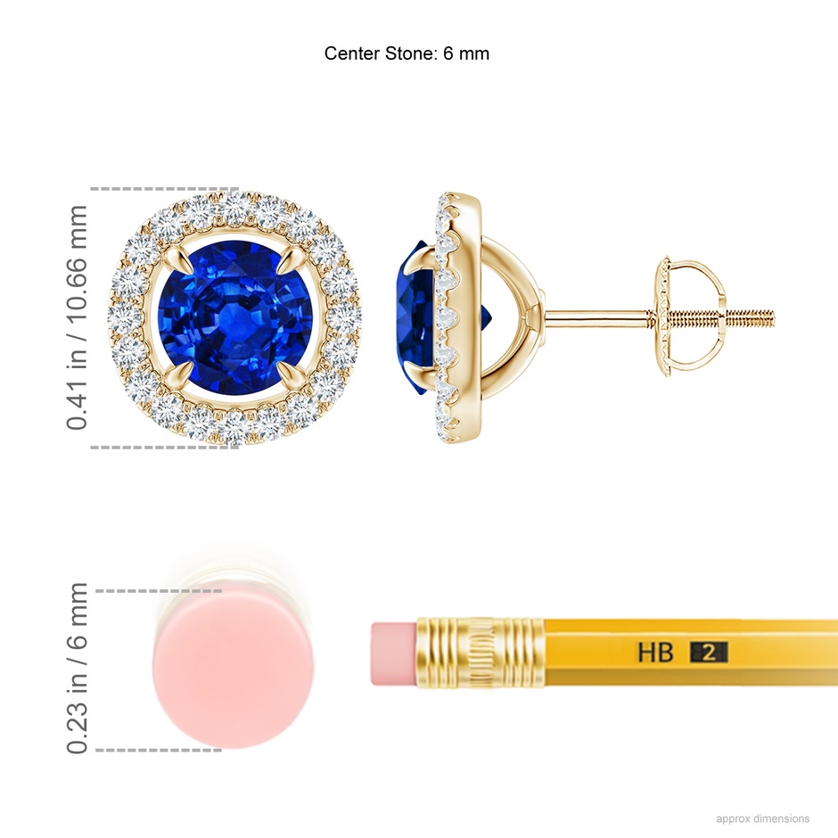 6mm AAAA Vintage Style Sapphire and Diamond Halo Stud Earrings in Yellow Gold ruler