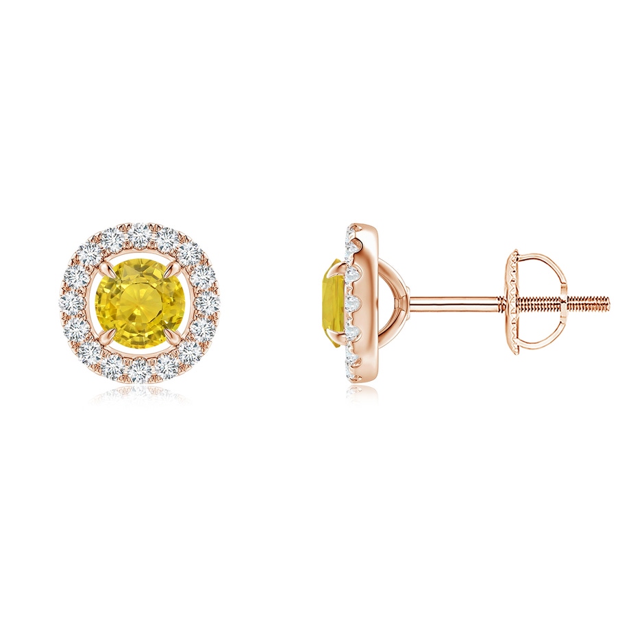 4mm AAA Vintage Style Yellow Sapphire and Diamond Halo Stud Earrings in Rose Gold 