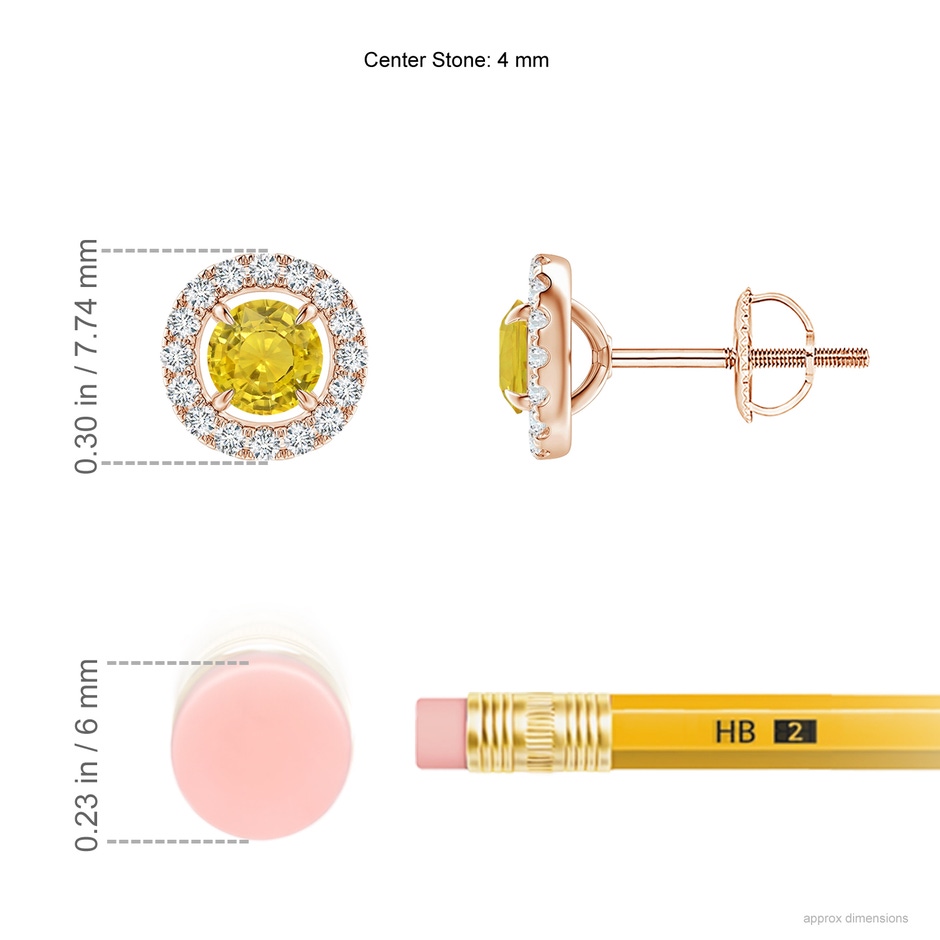 4mm AAA Vintage Style Yellow Sapphire and Diamond Halo Stud Earrings in Rose Gold ruler